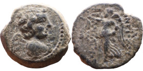 Antiochos VII (Seleukid King: 138-129 BC). AE bronze. Obv.: Bust of winged Eros right. Rev.: Nike walking left

19mm 5,26g