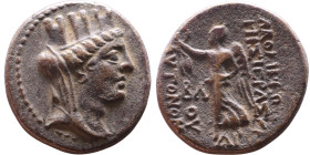 Syria: Apameia ad Orontem Semi-autonomous issue. (I Century BC) Bronze coin. Obv: Bust of Tyche Reverse: Nike standing left, holding wreath and palm b...