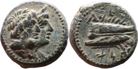 Phoenicia Arados (II – I Century BC) Bronze coin. Obverse: Jugate heads of Zeus and Herra right Reverse: Prow left surmounted by Athena standing left....