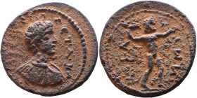 Geta (209-212) Bronze coin. Obv: Bust of emperor Rev: "Standing Zeus throws a lightning bolt 

23mm 6,75g

Artificial sand patina