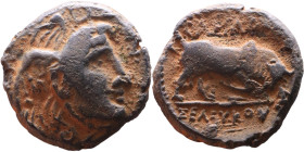 Seleukos I Nikator (Seleukid King: 312-260 BC). AE bronze. Obv.: Head of Medusa Rev: Bull

19mm 6,42g

Artificial sand patina