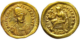 Theodosius II (AD 402-450). Constantinople
AV Solidus (21mm, 4,46g)
Obv: D N THEODOSIVS P F AVG. Pearl-diademed, helmeted and cuirassed bust of Theodo...