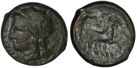 SICILY, Syracuse. Hiketas II (287-278 BC).
AE Bronze (19mm, 5,92g)
Obv: Wreathed head of Kore left; grain ear to right 
Rev: Nike driving galloping bi...