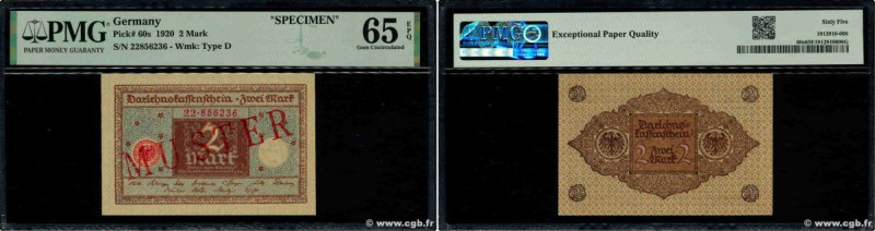 Country : GERMANY 
Face Value : 2 Mark Spécimen 
Date : 01 mars 1920 
Period/Pro...