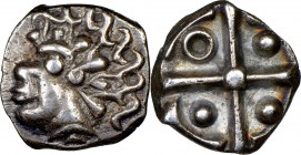 GAUL. Tolosates. Ca. 100-50 BC. AR drachm (14mm, 11h). NGC XF S. Southern Gaul, Volcae-Tectosages, Monnaies a la croix. Head left with wild hair and "...