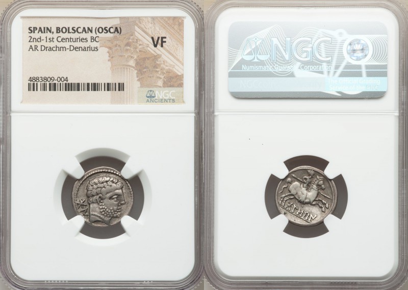 IBERIA. Bolscan (Osca). Ca. 150-100 BC. AR drachm (18mm, 1h). NGC VF. BON (Iberi...