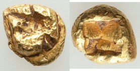 IONIA. Uncertain mint. Ca. 625-600 BC. EL eighth stater (8mm, 1.83 gm). VF. Milesian standard. Tetraskelion pattern on raised square / Quadripartite i...