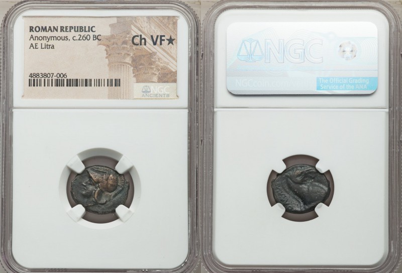 Anonymous. Ca. 260 BC. AE litra (18mm, 10h). NGC Choice VF S. Rome. Helmeted hea...