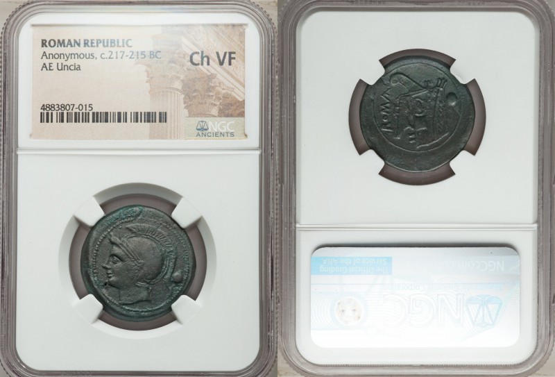 Anonymous. Ca. 217-215 BC. AE uncia (25mm, 3h). NGC Choice VF. Rome. Helmeted he...