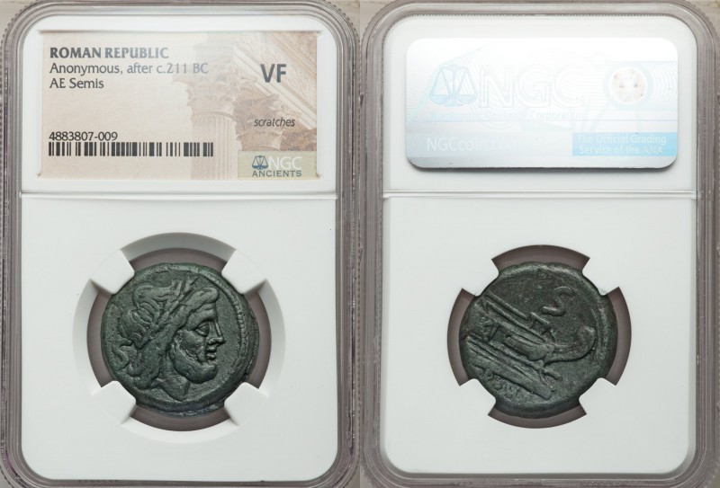 Anonymous. After ca. 211 BC. AE semis (26mm, 2h). NGC VF, scratches. Rome, sexta...