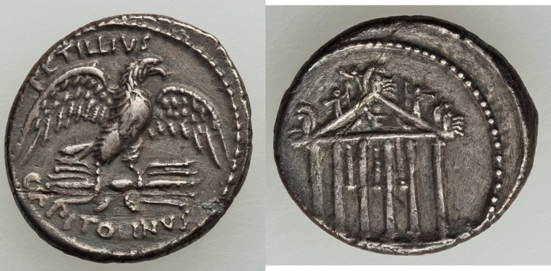 Petillius Capitolinus (ca. 43 BC). AR denarius (18mm, 3.72 gm, 7h). VF, broken a...