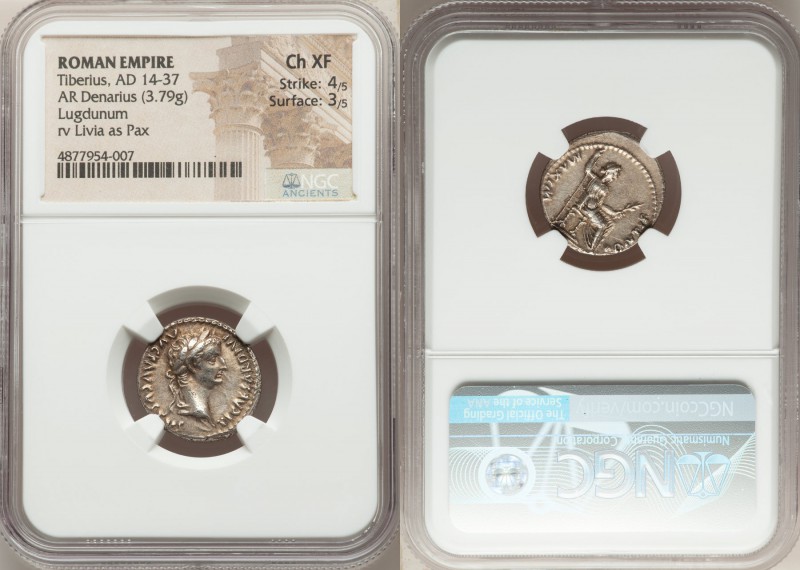 Tiberius (AD 14-37). AR denarius (18mm, 3.79 gm, 7h). NGC Choice XF 4/5 - 3/5. L...