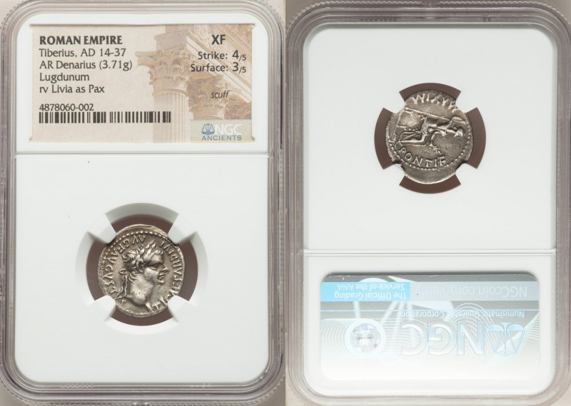 Tiberius (AD 14-37). AR denarius (18mm, 3.71 gm, 4h). NGC XF 4/5 - 3/5, scuff. L...