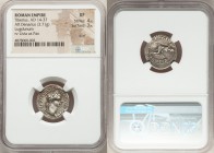 Tiberius (AD 14-37). AR denarius (18mm, 3.71 gm, 4h). NGC XF 4/5 - 3/5, scuff. Lugdunum, ca. AD 18-35. TI CAESAR DIVI-AVG F AVGVSTVS, laureate head of...