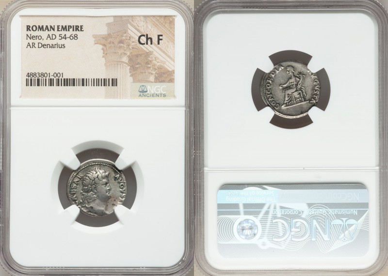 Nero (AD 54-68). AR denarius (18mm, 5h). NGC Choice Fine. Rome, AD 64-65. NERO C...