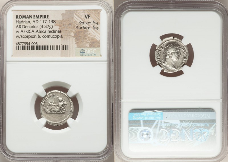 Hadrian (AD 117-138). AR denarius (17mm, 3.37 gm, 7h). NGC VF 5/5 - 5/5. Rome, A...