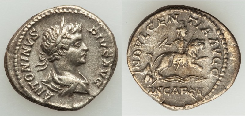 Caracalla (AD 198-217). AR denarius (19mm, 3.69 gm, 12h). VF. Rome, AD 201-206. ...