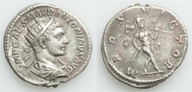 Elagabalus (AD 218-222). AR antoninianus (21mm, 4.52 gm, 7h). About VF. Rome. IMP CAES M AVR ANTONINVS AVG, radiate, draped and cuirassed bust of Elag...