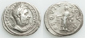 Macrinus (AD 217-218). AR denarius (20mm, 2.86 gm, 12h). About VF. Rome. IMP C M OPEL SEV-MACRINVS AVG, laureate, cuirassed bust of Macrinus right, wi...