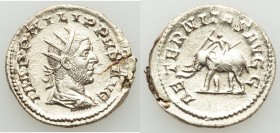 Philip I (AD 244-249). AR antoninianus (23mm, 3.61 gm, 12h). XF, porous, flan flaw. Rome, AD 247-249. IMP PHILIPPVS AVG, radiate, draped and cuirassed...