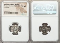 Magnus Maximus, Western Roman Empire (AD 383-388). AR siliqua (18mm, 12h). NGC Choice XF. Trier, 2nd officina. D N MAG MAX-IMVS P F AVG, pearl-diademe...