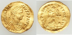 Anastasius I (AD 491-518). AV tremissis (15mm, 1.45 gm, 6h). XF, wavy flan. Constantinople, AD 492-518. D N ANASTA-SIVS PP AVG, pearl-diademed, draped...