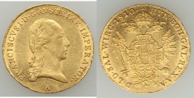 Franz I gold Ducat 1810-A AU (cleaned, scratched), Vienna mint, KM2168. 21mm. 3.50gm. From the Allen Moretti Swiss Collection

HID09801242017