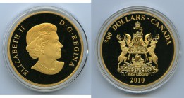 Elizabeth II gold Proof "New Brunswick" 300 Dollars 2010, KM1078. 50 mm. 60gm. 583 Fine. Mintage: 500 this is # 199. AGW 1.1246 oz. With original box ...