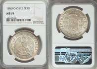 Republic Peso 1886 MS65 NGC, Santiago mint, KM142.1. Light golden-taupe toning luster enhanced surfaces. From the Allen Moretti Swiss Collection

HID0...