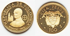 Republic gold Proof 100 Pesos 1968, KM231. 19mm. 4.30gm. Mintage: 8,000. Eucharistic Congress issue. AGW 0.1244 oz. 

HID09801242017