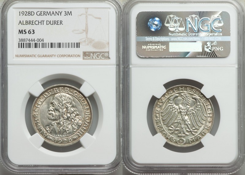 Weimar Republic "Albrecht Durer" 3 Mark 1928-D MS63 NGC, Munich mint, KM58.

HID...