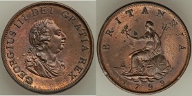 George III 1/2 Penny 1799-SOHO UNC, Soho mint, KM647, S-3778. 30mm. 12.91gm. Subtle traces of die clash both sides, red and brown color with trace of ...