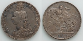 Victoria Crown 1890 XF, KM765. 38mm. 28.23gm. Unassuming toning until you tilt coin in light where it reveals deep smokey-gray and gold toning enhance...