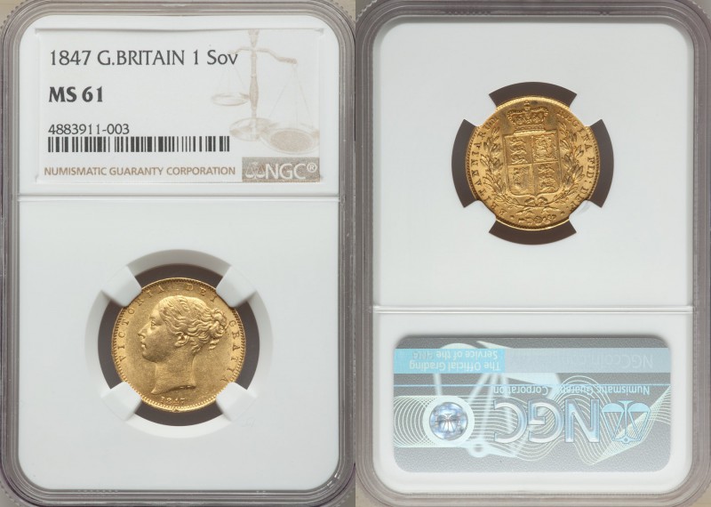 Victoria gold Sovereign 1847 MS61 NGC, KM736.1, S-3852. Scattered contact marks ...