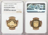 Republic gold Proof 100 Balboas 1978-FM PR69 Ultra Cameo NGC, Franklin mint, KM56. Mintage: 50. Commemorating peace and progress. Frosted devices on d...