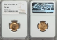 Nicholas II gold 5 Roubles 1902-AP MS66 NGC, St. Petersburg mint, KM-Y62.

HID09801242017
