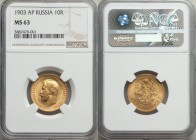 Nicholas II gold 10 Roubles 1903-AP MS63 NGC, St. Petersburg mint, KM-Y64. AGW 0.2489 oz. 

HID09801242017