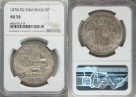 Provisional Government 5 Pesetas 1870 (70) SN-M AU58 NGC, Madrid mint, KM655. Aqua and taupe toning heavily enveloping the underlying luster. From the...
