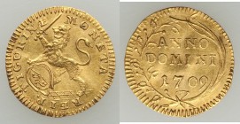 Zurich. City gold 1/4 Ducat 1709 AU (slightly bent), KM129, HMZ-2-1163e. 15mm. 0.86gm. From the Allen Moretti Swiss Collection

HID09801242017