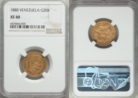 Republic gold 20 Bolivares 1880 XF40 NGC, Brussels mint, KM-Y32. Several varieties this appears to be the Tight 8's variety. AGW 0.1867 oz. 

HID09801...