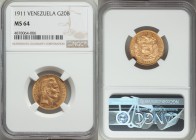 Republic gold 20 Bolivares 1911 MS64 NGC, KM-Y32. Die varieties exist in the placement of dot between date and Lei, Type 1 is evenly spaced, Type 2 ha...