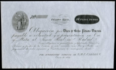 16 pesos duros. 1835. Tesoro Real. (Ed-19). Enero. Sello en seco con el escudo de armas del Pretendiente. Papel con marca de agua "J. WHATMAN 1835". T...