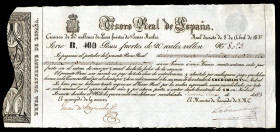 100 pesos fuertes. 1837. Tesoro Real de España. (Ed-22). Real decreto de 8 de abril. Sin fecha manuscrita. Serie B. Con sello seco del Pretendiente y ...