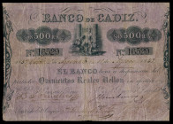 500 reales de vellón. 1857. Banco de Cádiz. (Ed-72). I emisión, fecha y cuatro firmas manuscritas. Sello en seco de la fundación del banco en anverso....