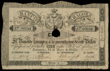 100 reales de vellón. 1857. Banco de Zaragoza. (Ed-126A). 14 de mayo. Serie A. Con taladro central y firmas. Dobleces y pequeñas roturas. Resto de peg...