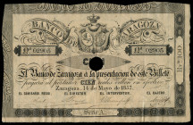 100 reales de vellón. 1857. Banco de Zaragoza. (Ed-126A). 14 de mayo. Serie A. Con taladro central y firmas. Dobleces y pequeñas roturas. MBC+. Est......