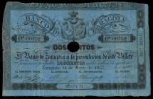 200 reales de vellón. 1857. Banco de Zaragoza. (Ed-127A). 14 de mayo. Serie b. Con taladro central y firmas. Dobleces y pequeñas roturas. BC+. Est...6...