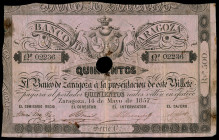 500 reales de vellón. 1857. Banco de Zaragoza. (Ed-128A). 14 de mayo. Serie B. Con taladro central y firmas. Dobleces y pequeñas roturas. Restos de pe...