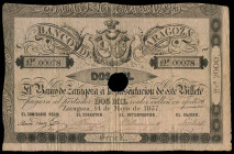 2.000 reales de vellón. 1857. Banco de Zaragoza. (Ed-130A). 14 de mayo. Serie E. Con taladro central y firmas. Dobleces y pequeñas roturas. BC+. Est.....