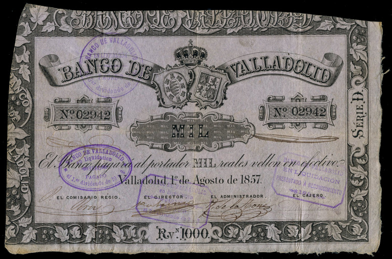 1.000 reales de vellón. 1857. Banco de Valladolid. (Ed-134). 1 de agosto. Serie ...